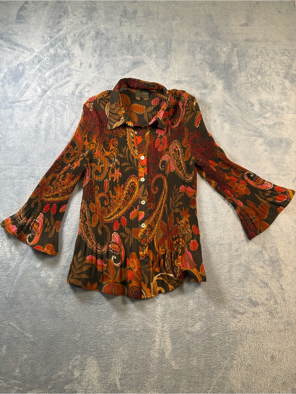 Paisley Print Bell-Sleeve Button-Front Blouse in Brown and Orange